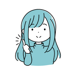 指をさして提案するハイネックの女の子