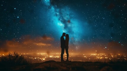 Fototapeta premium Lovers man and girl against background night city, night starry sky and horizon.
