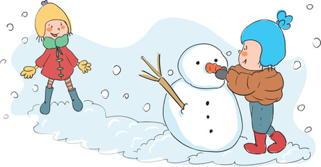 Happy beautiful children building snowman outside in winter time.