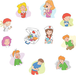 Disease types. Sore throat, cold, broken arm, backache, earache, toothache, stomach ache...