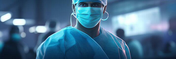 Focused Healthcare Professional in Scrubs and Mask Against Modern Hospital Backdrop - Powered by Adobe
