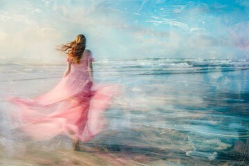 A graceful woman in a vibrant pink dress twirls on the beach, her movements mirroring the gentle waves of the water, creating a mesmerizing painting of dance and nature