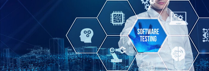 Inscription SOFTWARE TESTING on the virtual display. Business, modern technology, internet and networking concept.