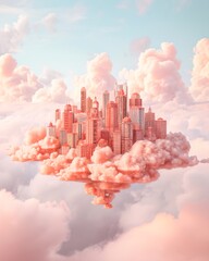 A vibrant pink metropolis rises high in the sky, with towering buildings and skyscrapers peeking through fluffy clouds, creating a dreamy outdoor cityscape