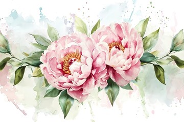 Dusty pink peony garland wedding bouquet. Floral pastel watercolor style