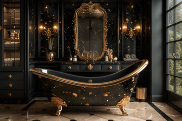 Elegant black and gold bathroom with a luxurious freestanding bathtub and gold-framed mirror. Created with generative AI.