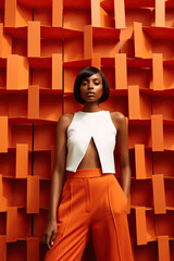 african woman in modern outfit fashion model white and orange photography, Generative AI