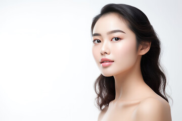 Fototapeta premium beautiful asian woman with perfect skin commercial photography white background, Generative AI