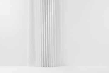 Abstract white stage with striped pillar as geometric decoration, mockup on white background, copy space. Template for presentation cosmetic products, gifts, advertising, design in simple style.