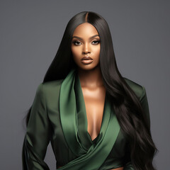 beautiful african woman with amazing long hair and green suit photography, Generative AI