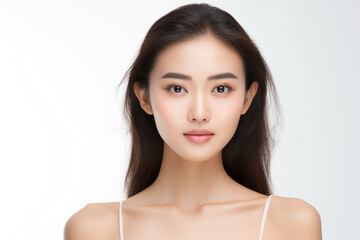 Naklejka premium beautiful asian woman with perfect skin on white background front view, Generative AI