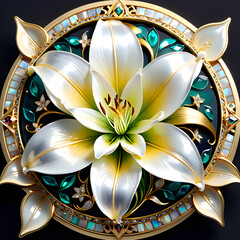 AI prompt: 4K+ graphic of an intricate lily flower with mother-of-pearl, gemstones, and gold, capturing a captivating and enchanting atmosphere.(Generative AI) 
