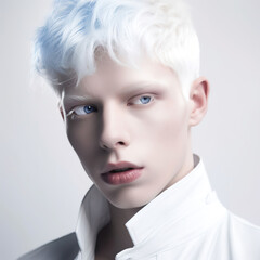 stunning editorial fashion photography of male model with white hair and clothes, Generative AI