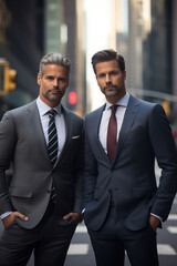 two business man on the streets of Manhattan dressed in suits photography, Generative AI