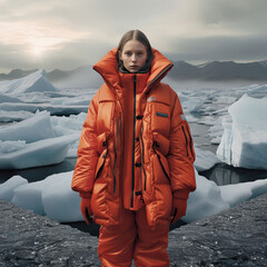 woman dressed in a fashion winter clothes in a polar landscape, Generative AI