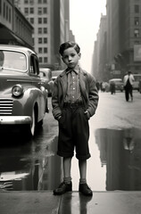 vintage boy in shorts on the streets of new york black and white photography, Generative AI