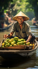 Vietnamese old man selling fruits on a boat portrait photography, Generative AI