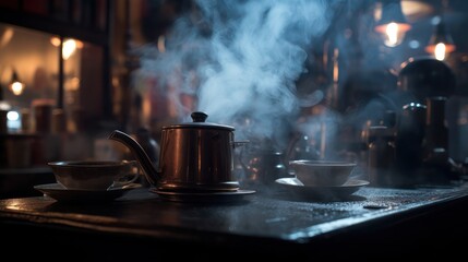 A cup of smoking hot coffee served with a saucer on a wooden table, cafe restaurant atmosphere at...