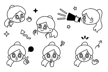 顔と手　ポーズ　表情　セット　白黒