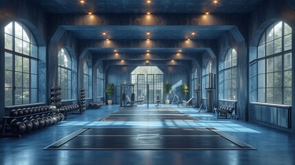 Fototapeta premium Modern light gym. Sports equipment in gym. Barbells of different weight on rack.