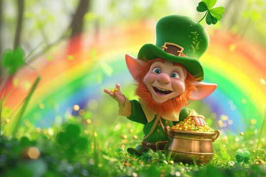 Illustration of leprechaun with pot of gold coins. Cheerful fancy leprechaun stands in forest against rainbow wishing Happy Saint Patrick Day