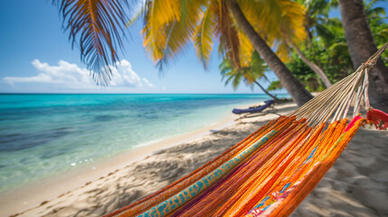 A colorful hammock under palm trees, with a view of the turquoise ocean.