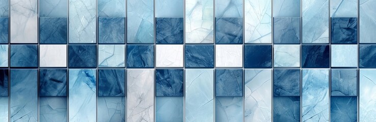 Blue white colored abstract grunge geometric rectangular square mosaic tile mirror wall texture background banner, seamless pattern, Generative AI 