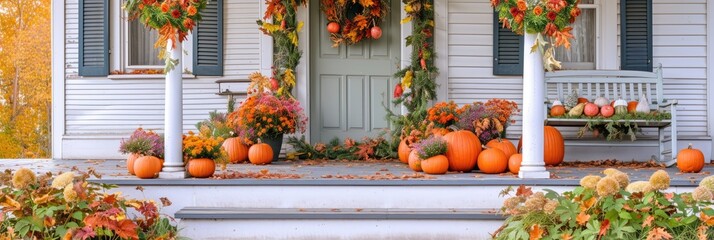 Fototapeta na wymiar A charming Thanksgiving themed front porch with pumpkins, wreaths, and seasonal flowers