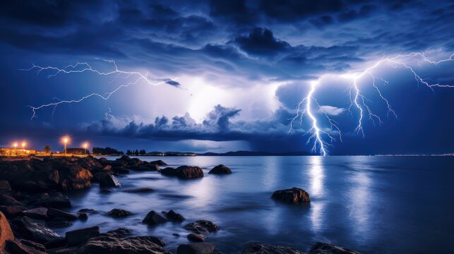 View of a thunderstorm raining in a dark sky, with reflected images in the water beach sea.