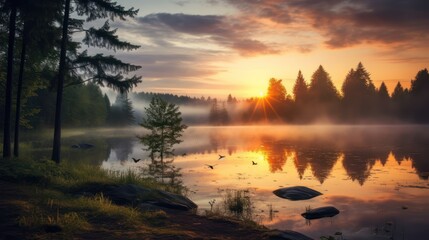 Fototapeta premium Morning view of sunrise in pine forest with reflection of calm lake waters.