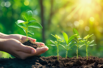 Hands holding small tree growing plant. - 726294134