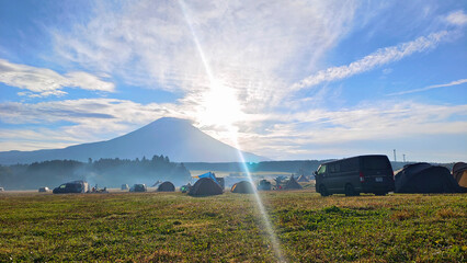 Outdoor park, car camping mount Fuji mountain in Japan countryside