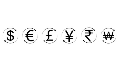 Set Of Dollar, Euro, Poundsterling, Yen And Rupee Currency, World Currency Icons, Money and Currency Exchange .