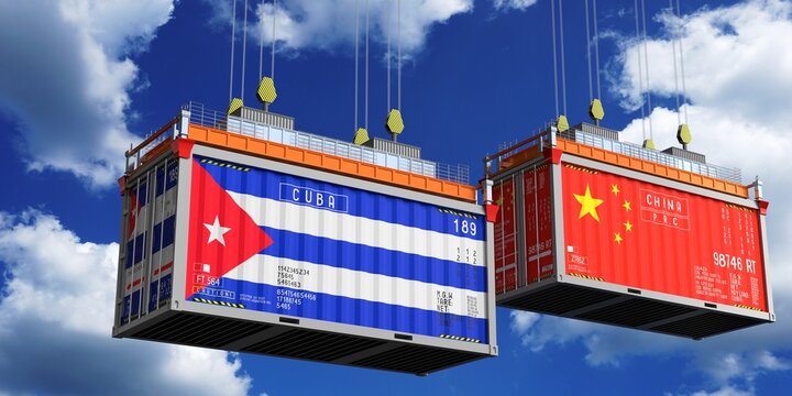 Shipping containers with flags of Cuba and China - 3D illustration