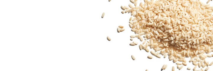 A top view of raw brown and white rice, forming a heap. The integral, uncooked grains highlight diverse Asian cuisine in this isolated pile. Horizontal banner