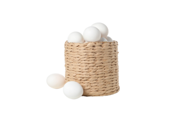 PNG, eggs in a round basket, isolated on white background.