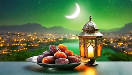 Arabic Lantern with dates fruit on plate - obrazy, fototapety, plakaty