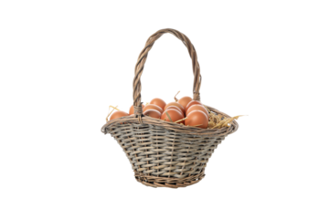 PNG, eggs in a wicker basket with handles, isolated on white background.