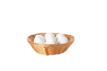 PNG, eggs in a round basket, isolated on white background.