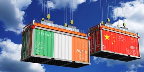 Shipping containers with flags of Ireland and China - 3D illustration