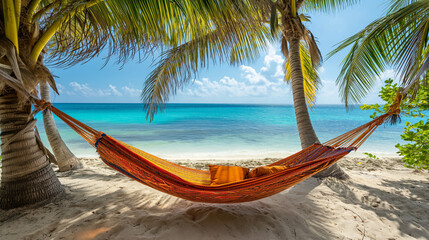 A colorful hammock under palm trees, with a view of the turquoise ocean.