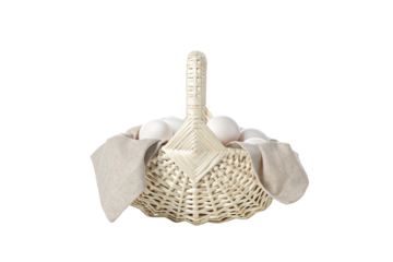 PNG, eggs in a wicker basket with handles, isolated on white background.