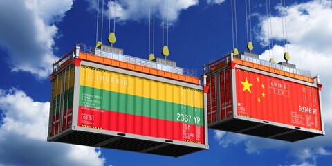 Shipping containers with flags of Lithuania and China - 3D illustration