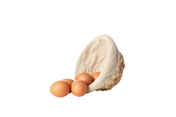 PNG, eggs in a round basket, isolated on white background.