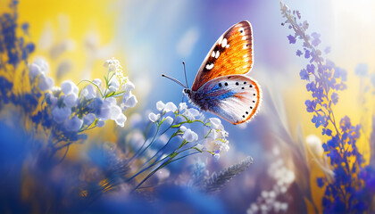 Beautiful blurred spring nature background with blooming meadow and blue sky on a sunny day. Butterfly and delicate blue flowers. Generative AI.