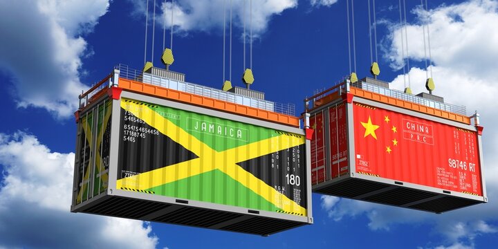 Shipping containers with flags of Jamaica and China - 3D illustration