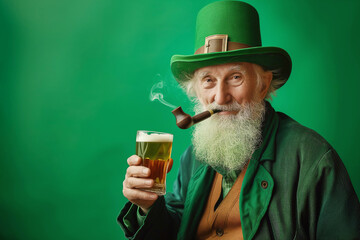 Senior bearded man smoking pipe holds glass of beer on green background. Funny man with smiling eyes in leprechaun hat celebrates Saint Patrick Day