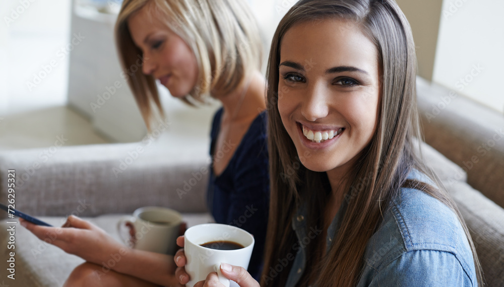 Poster portrait, friends and drinking coffee while relaxing on the couch with a phone for social media. fac