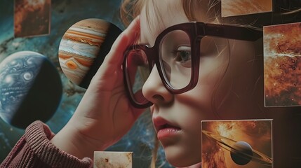 A portrait of a girl who is fantasizing and thinking about space and solar system, who imagines it in her head different planets. Creative surreal advertising about science for kids.