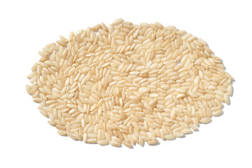 An oval of raw brown and white rice, forming a pile on an isolated background. The texture and...